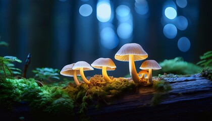 Four Glowing Mushrooms On A Mossy Log Emit A Soft Bioluminescent Light In A Dark Forested Environment