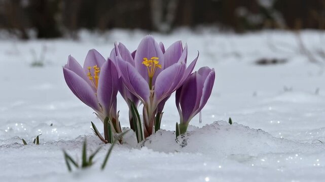 Time lapse of purple crocus flowers blooming through snow. Spring awakening and nature growth concept. Close-up of flowers opening in winter
