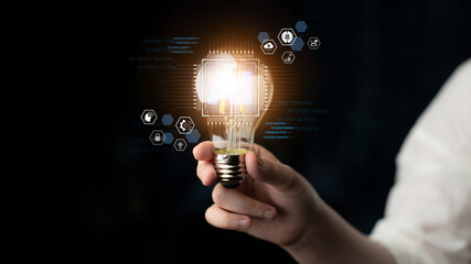 An enterprise AI platform concept. The central processor integrates with business solutions like cloud computing, security, and process automation for corporate growth and innovation. Fermion