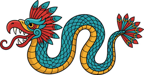 Colorful cartoon Chinese dragon illustration, traditional fantasy serpent with feathers and scales, mythical creature artwork in bold flat vector style isolated on white background