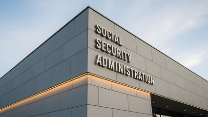 Obraz premium Social Security Administration Building Corner With Sign For Government Services And Public Sector