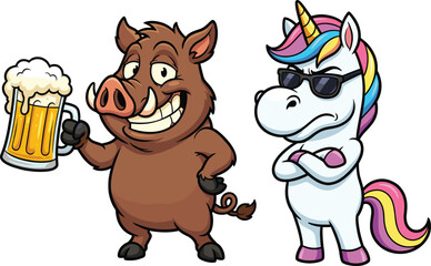 Funny cartoon boar drinking beer next to cool unicorn illustration, humorous fantasy animal characters in colorful flat vector style isolated on white background © Su Joy Creatives