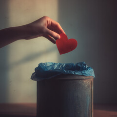 hand dropping red paper heart into blue trash bin
