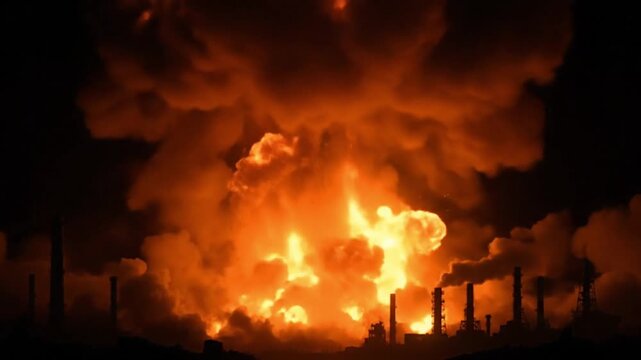 An intense explosion with flames and smoke against a dark sky.