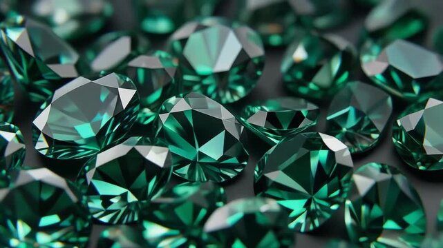 A collection of emerald gemstones scattered closely together on a surface, showcasing their vibrant green color and intricate facets in a close-up view.