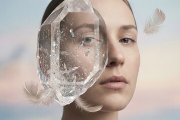 Woman's face partially obscured by a crystal, with feathers floating
