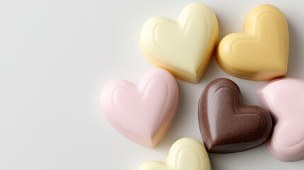 Fototapeta premium Assorted Heart-shaped chocolates in pastel colors with glossy finish on a plain white background