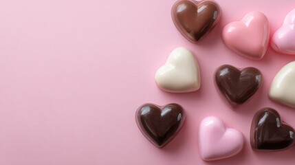 Fototapeta premium Assorted Heart Shaped Chocolates in Various Colors on Soft Pink Background for Valentine's Day
