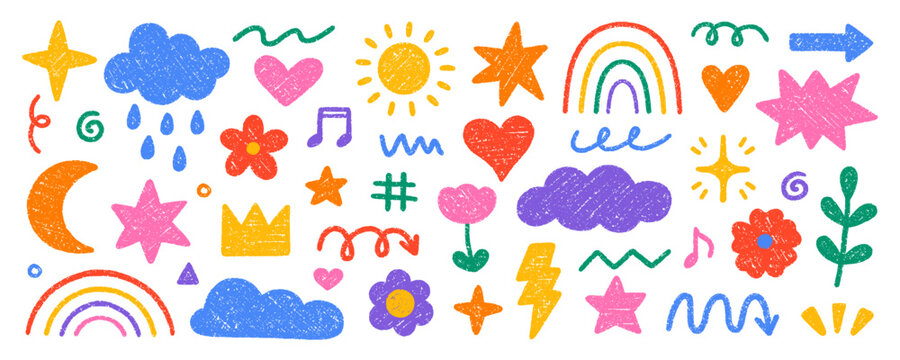 Chalk cute kids elements, crayon pencil preschool kindergarten doodle icons set. Hand drawn daycare and children drawings, childish scribble rainbow, stars, flower, crown in sketch style