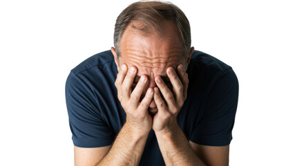 Man covering face with hands, stressed or tired, Isolated On Transparent Background
