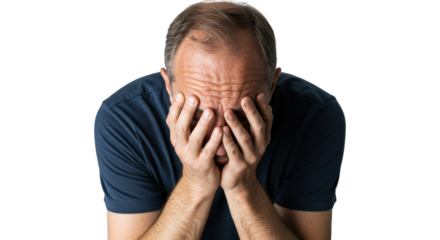 Man covering face with hands, stressed or tired, Isolated On Transparent Background