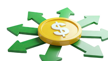 Dollar Coin with Outward Arrows Representing Financial Growth and Options