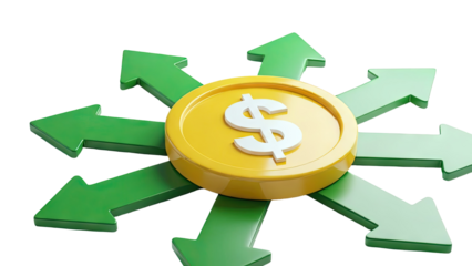 Dollar Coin with Outward Arrows Representing Financial Growth and Options