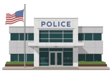 American police station building with flag American flag isolated on a transparent background