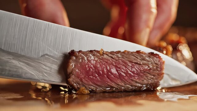 Delicious, juicy medium rare beef steak being expertly sliced with a sharp knife on a wooden cutting board, revealing the tender, pink interior and rich meat juices in a gourmet preparation