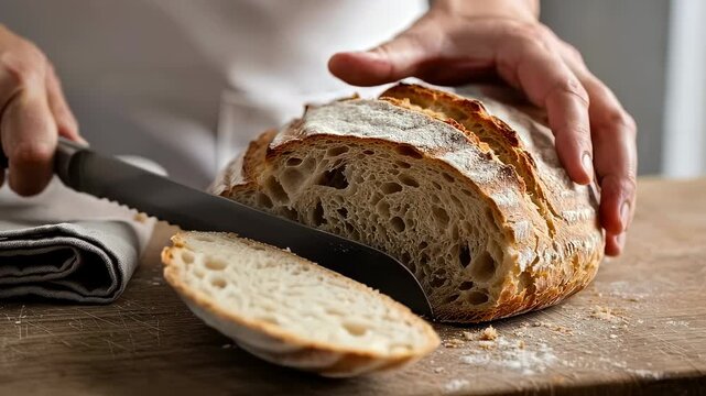 Baker's hands expertly slicing a freshly baked loaf of artisanal sourdough bread with a serrated knife on a rustic wooden cutting board, revealing the soft interior and crispy crust