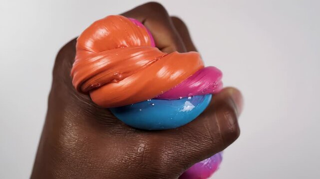 African american hands squeezing and kneading colorful orange, pink, and blue plasticine, creating satisfying textures and shapes for a sensory asmr experience isolated on a white background