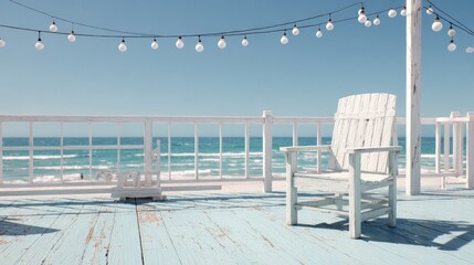 Wooden chair on a deck overlooking the ocean with string lights