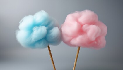 Two Fluffy Cotton Candy Clouds Pink And Blue On Wooden Sticks Against A Plain Light Gray Background