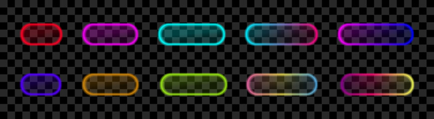Neon 3D button and frame set with glow light effect. Colorful round and rectangle UI elements for web, app and game interface. Modern futuristic tech labels, icons and borders isolated vector.