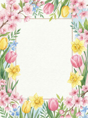 Fototapeta premium Mother's Day holiday themed postcard with flowers, vertical greeting card frame with spring flowers, illustration template