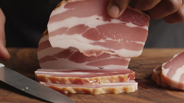 Male chef's hands using a sharp knife to carefully slice a block of raw cured pancetta into thick slices on a rustic wooden cutting board, preparing ingredients for a delicious meal