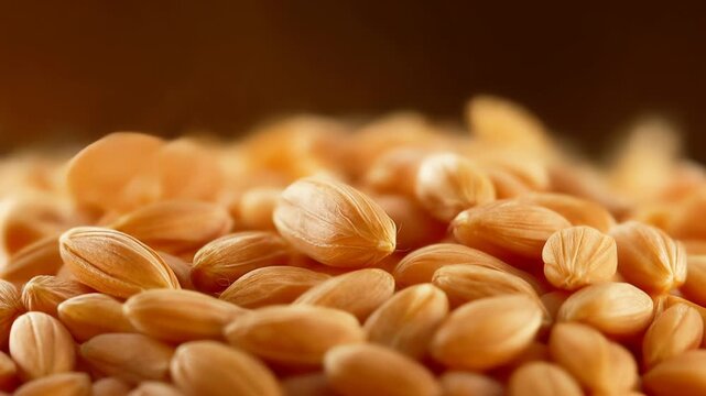 Golden wheat grains pouring and accumulating in a pile, filmed in extreme close up with a shallow depth of field, highlighting the texture and detail of each kernel as it settles