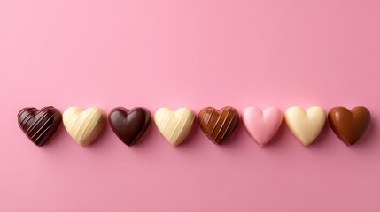 Array of assorted heart shaped chocolates in different colors and textures on pink background
