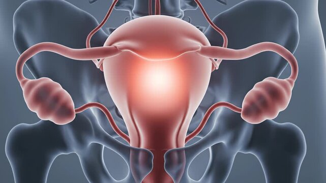 Medical animation showing the ovulation cycle inside the female reproductive system with the ovaries, fallopian tubes, and uterus highlighted in a realistic 3d scientific visualization