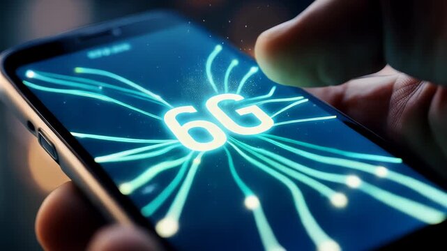 Close up view of a person's hand holding a smartphone while their thumb touches the screen, activating a glowing 6g logo with fiber optic lines radiating outwards, symbolizing fast connectivity