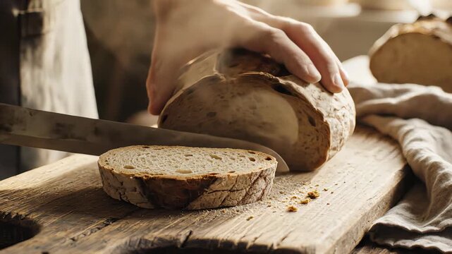 Professional baker's hands slicing a hot, steaming loaf of fresh sourdough bread with a knife on a rustic wooden board, showing the crispy crust and soft crumb in a country kitchen