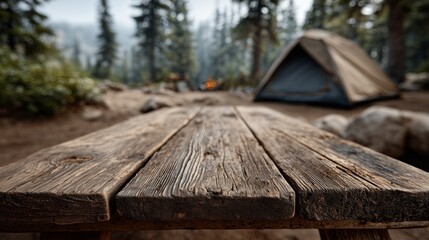 Rustic wooden table in forest camping ground