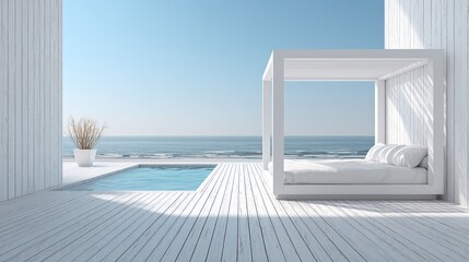 Modern poolside outdoor bedroom with ocean view and blue sky