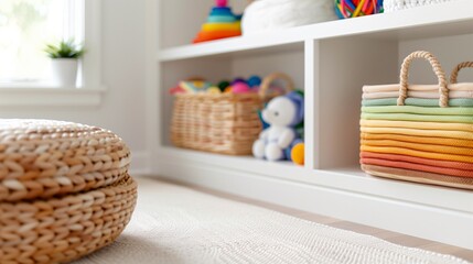 Children's playroom organization with colorful toys and storage