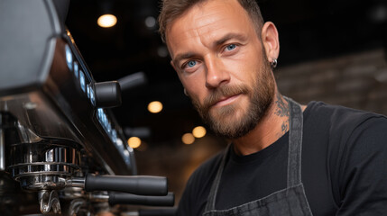 Barista man operating coffee machine in cafe portrait