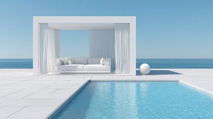 Minimalist poolside lounge with ocean view and clear sky