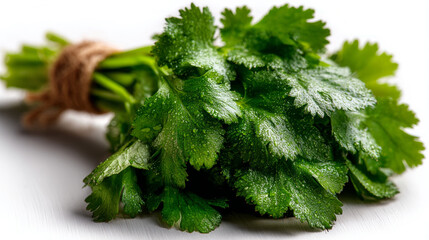 Fresh green cilantro bunch with water drops