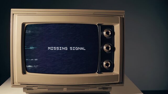 Old fashioned television set displaying a missing signal message on its screen, with digital glitch effects and static noise representing a loss of analog connection in the modern world