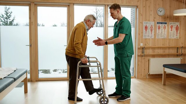 Physiotherapist helping an elderly man use a walking frame during a rehabilitation session in a clinic. A caring health worker supports a senior patient recovering from an injury or illness