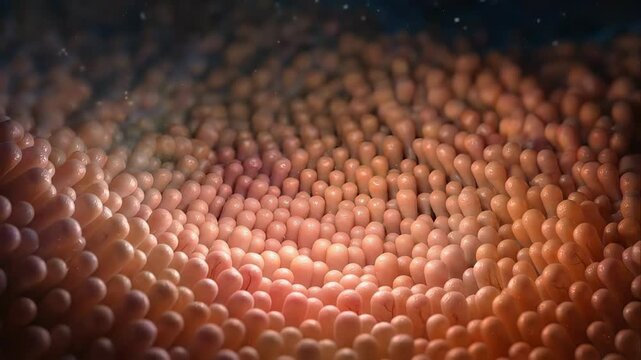 Animated close up view of the small intestine's inner wall, showing the epithelium with its villi that aid in nutrient absorption, moving and pulsating in a realistic biological simulation