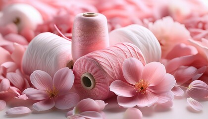 Close Up Of Pink And White Thread Coils Surrounded By Soft Pink Flower Petals In A Delicate Arrangement Ai Generated
