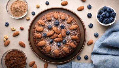 Flat Lay Of A Homemade Round Almond Cake Decorated With Walnuts Blueberries And Chocolate Chips Flour And Cocoa Powder Sprinkled Around
