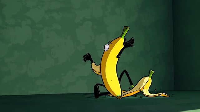 Hilarious animated banana character slipping on its own discarded peel, losing balance and falling in slow motion. An ironic and funny accident concept with a classic gag in a cartoon style