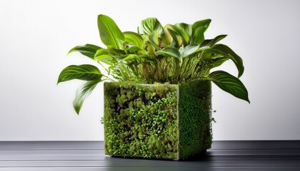 Porous Cube Planter With Vibrant Green Plants Against White Background