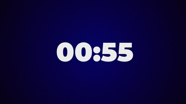 Animated countdown numbers from 01:00 to 0:00. Waiting time, one minute time, 60 seconds count down on navy blue background.
