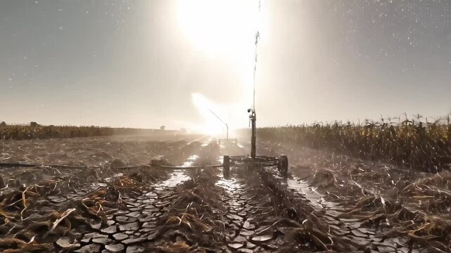 Sprinkler system watering a dry, cracked cornfield during a severe drought at sunset, representing concepts of climate change, water scarcity, and agricultural challenges in modern farming