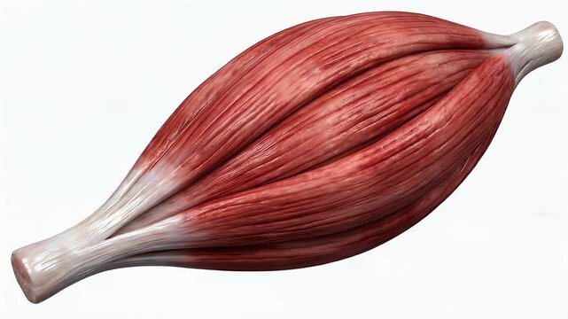Anatomical animation showing the process of skeletal muscle contraction and relaxation, visualizing the shortening and lengthening of muscle fibers and tendons isolated on a white background
