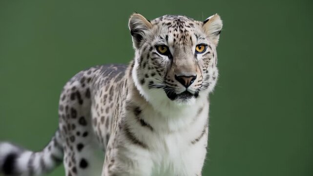 Elegant snow leopard walking gracefully toward the camera, making eye contact with its intense yellow eyes against a solid green background, perfect for chromakeying and wildlife concepts
