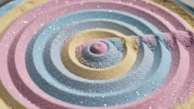 Multicolored pastel kinetic sand with glitter vibrating and creating mesmerizing concentric circle patterns. This oddly satisfying, abstract background provides a tactile and sensory experience. asmr,