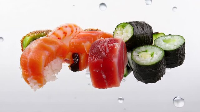 Delicious selection of fresh japanese sushi, including salmon and tuna nigiri, maki, and uramaki, slowly falling with water droplets on a reflective white background, showcasing asian cuisine